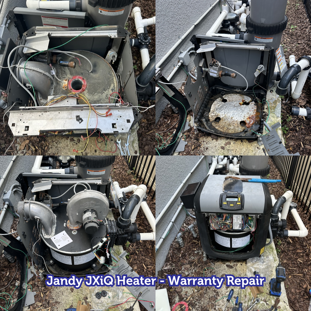 Four views of a disassembled Jandy JXiQ pool heater; warranty repair.