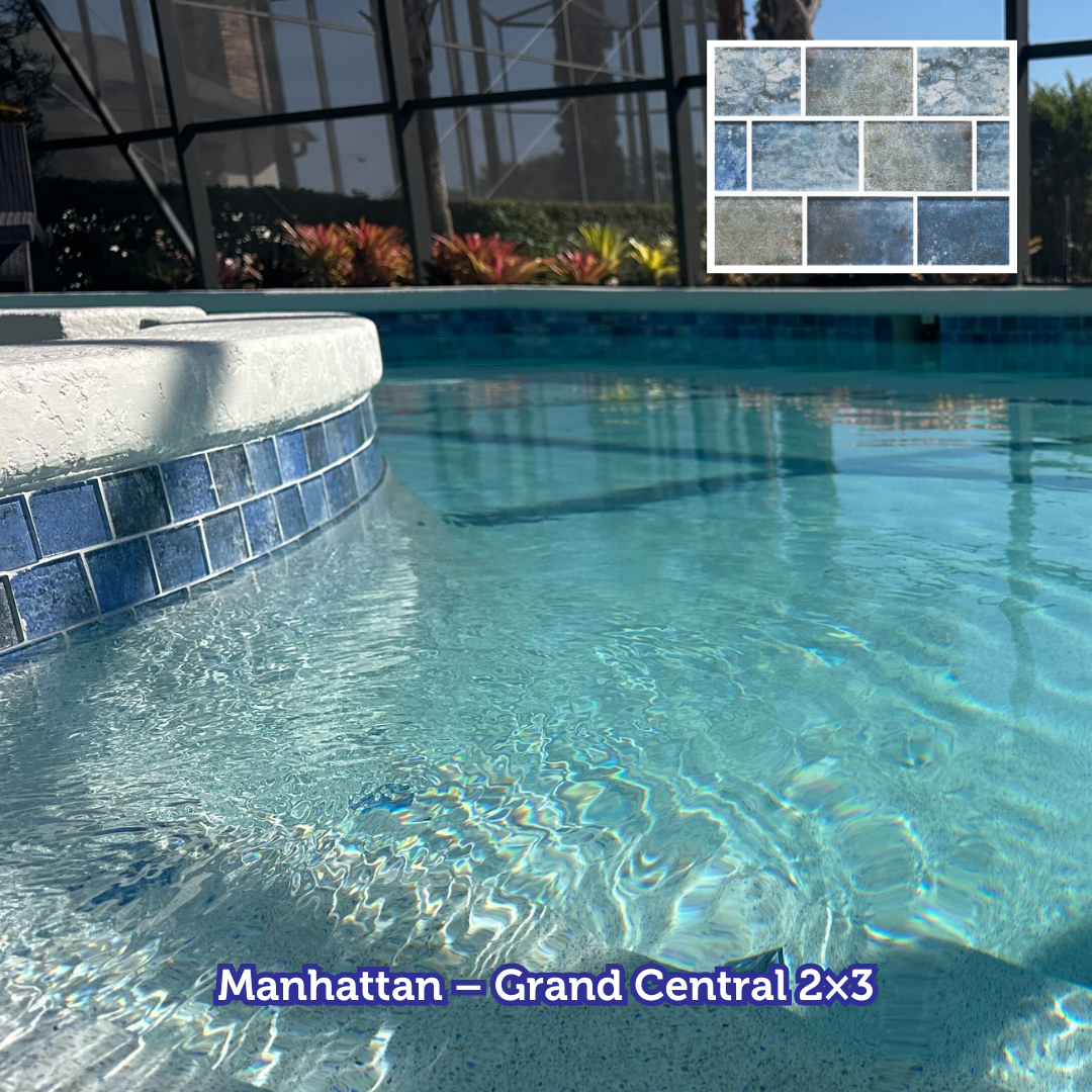 Pool with blue tile and turquoise water. A sample of the tile, 