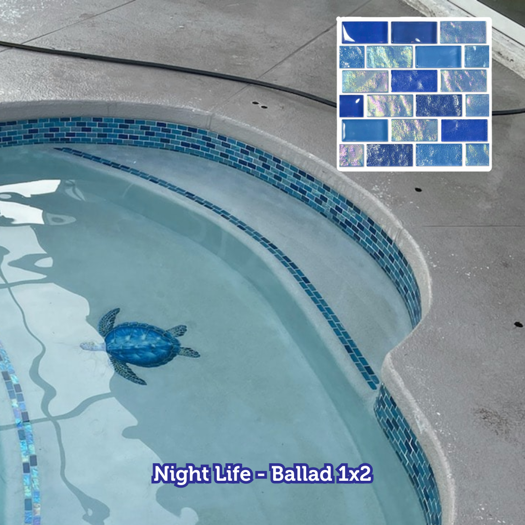 Pool with blue tile trim and a mosaic turtle. The upper right has a tile sample.