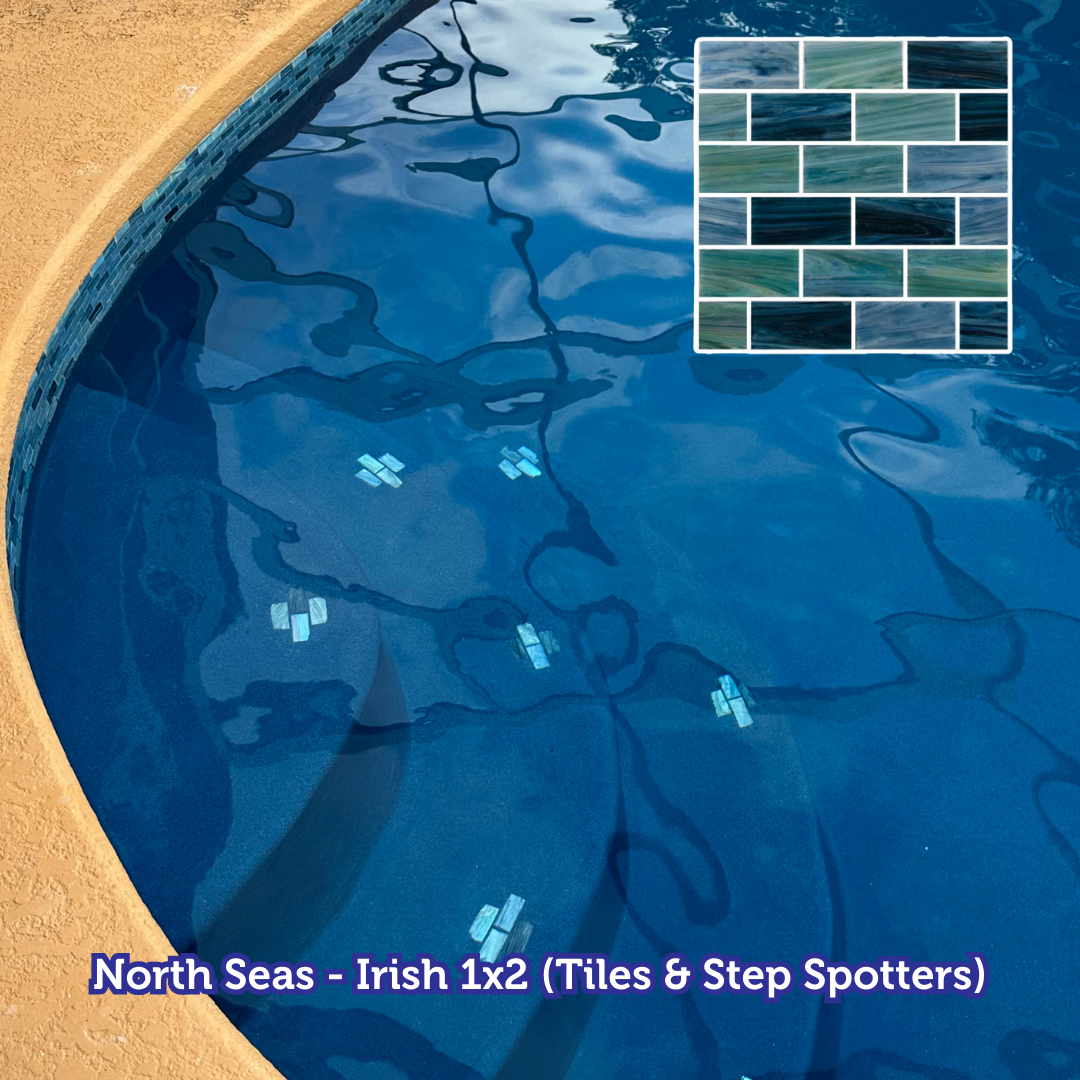 Pool with blue water, tan edge, and a small inset image of blue and green tiles.