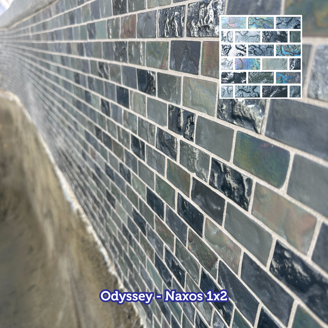 Mosaic tile wall, iridescent blues and grays, with a detail inset.