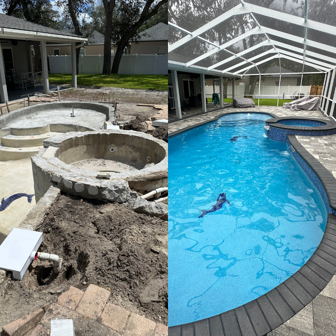 A before and after picture of a swimming pool being built.