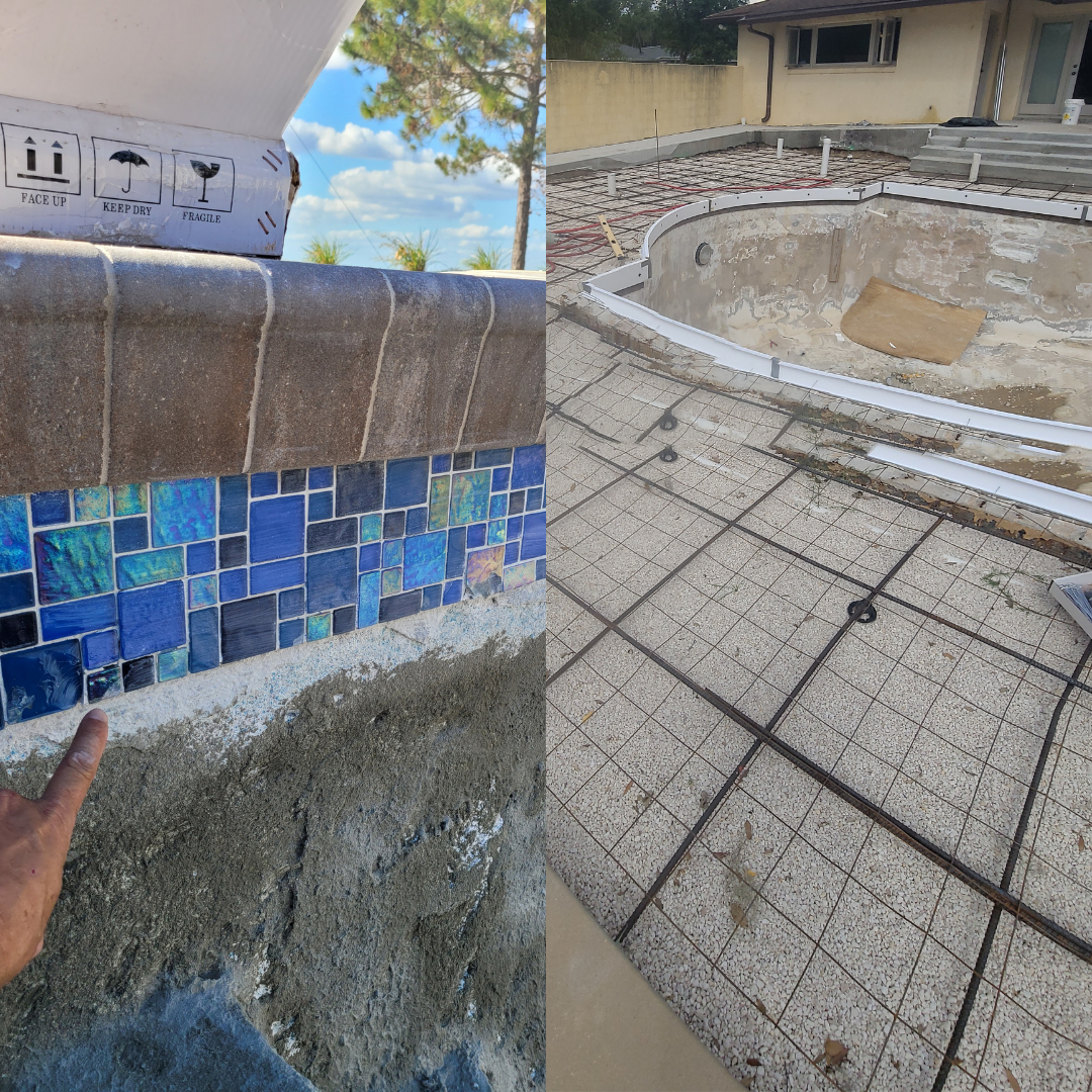A before and after picture of a swimming pool being built