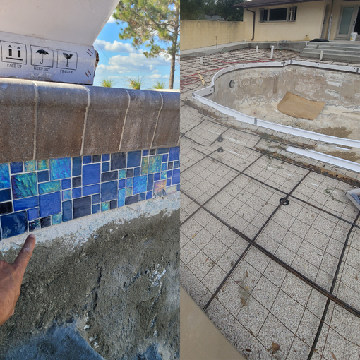 A swimming pool with a hot tub in the middle of it.