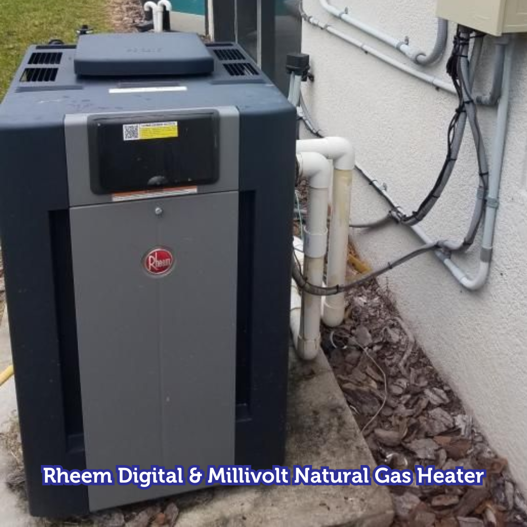 Rheem digital natural gas heater installed outside a building; gray and black with white pipes.
