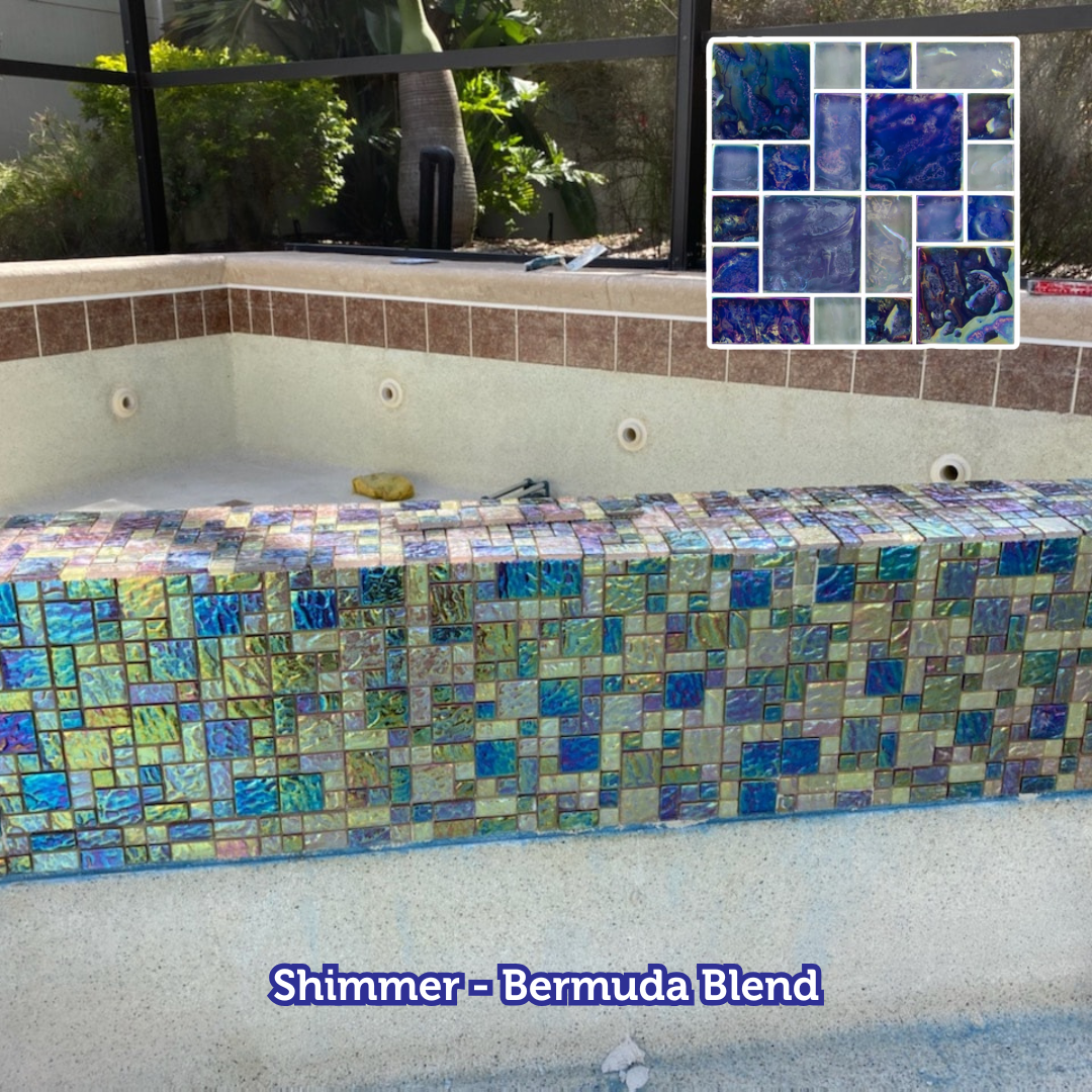 Pool with Bermuda Blend iridescent tiles being installed.