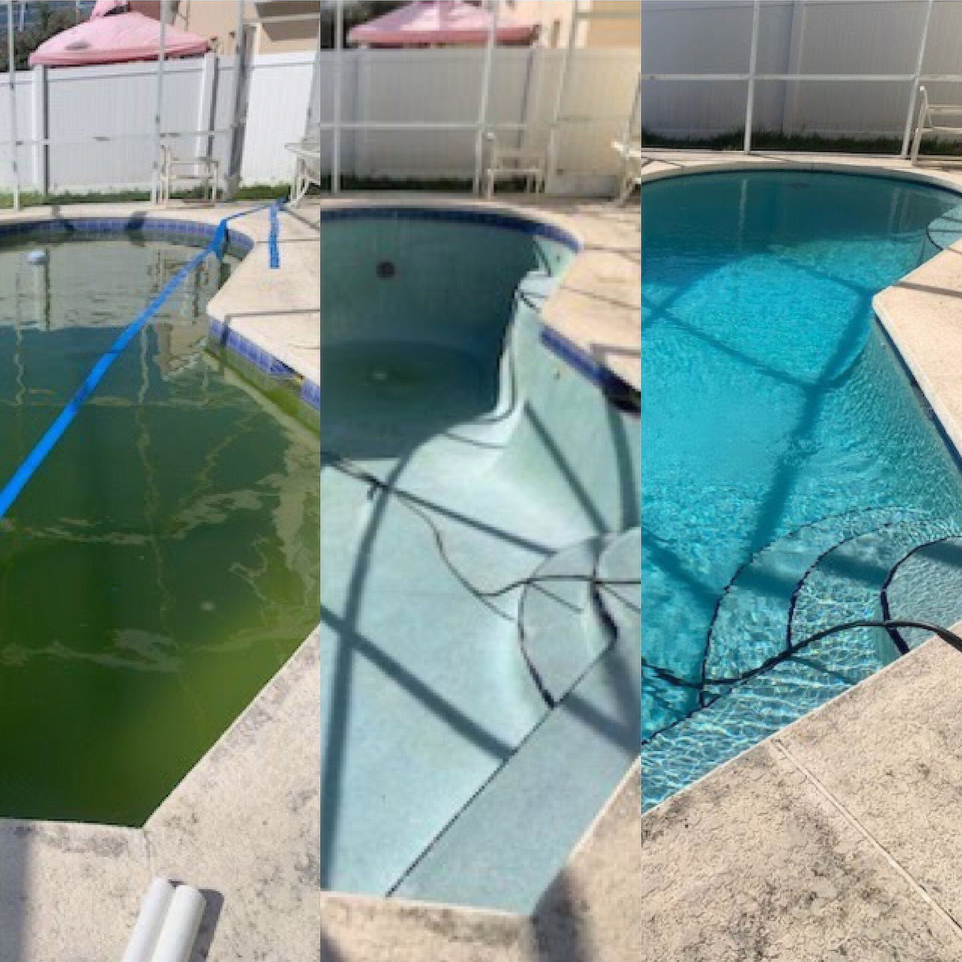 A collage of three pictures of a swimming pool before and after being cleaned.