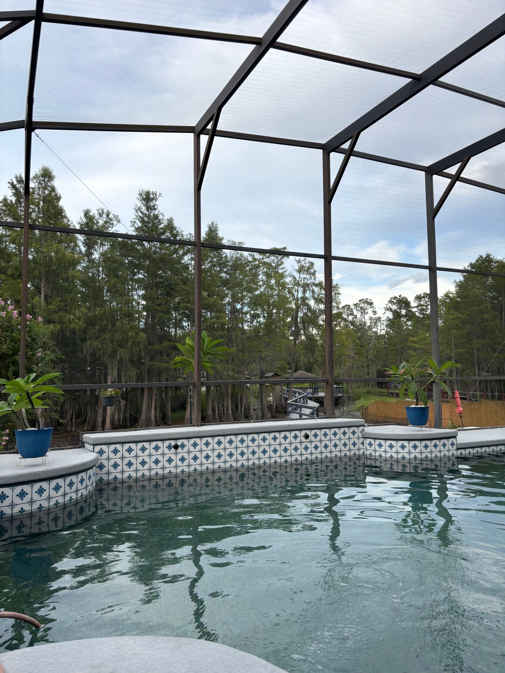 Pool under a screened enclosure with trees in the background and a cloudy sky.