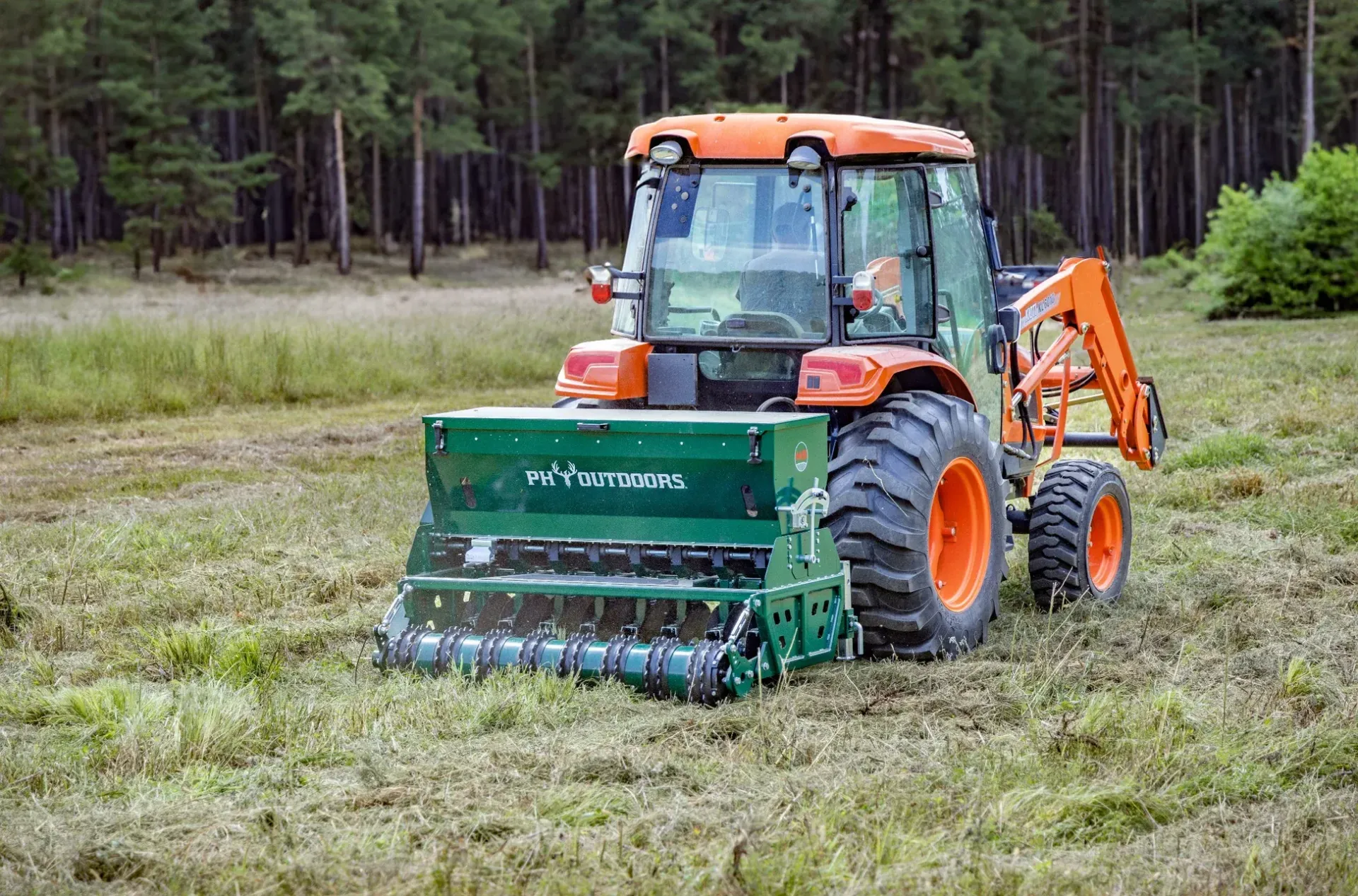Rolling green hills with farmers on tractors, preparing the land under a bright sky.