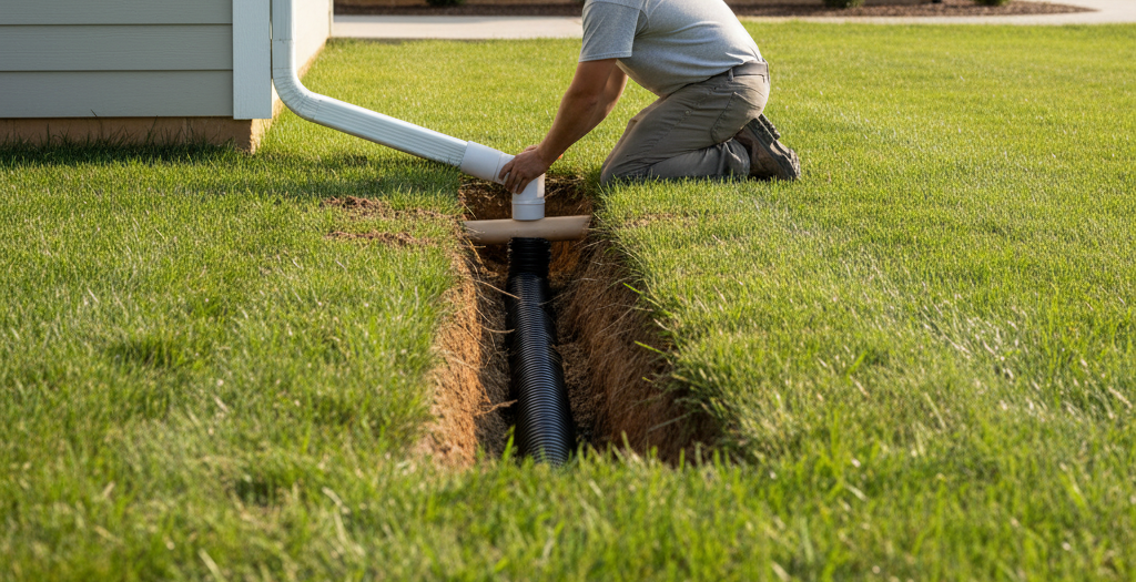Person connecting a downspout to buried drainage pipe in a grassy yard.