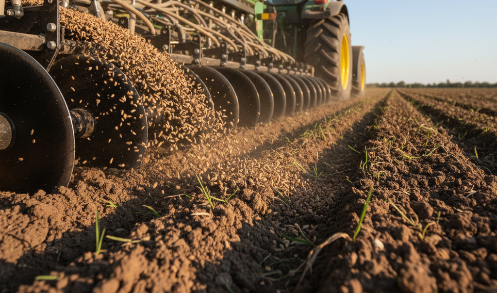 An excavator on a hillside, creating terraced levels. Sunny day, blue sky, green trees in background.