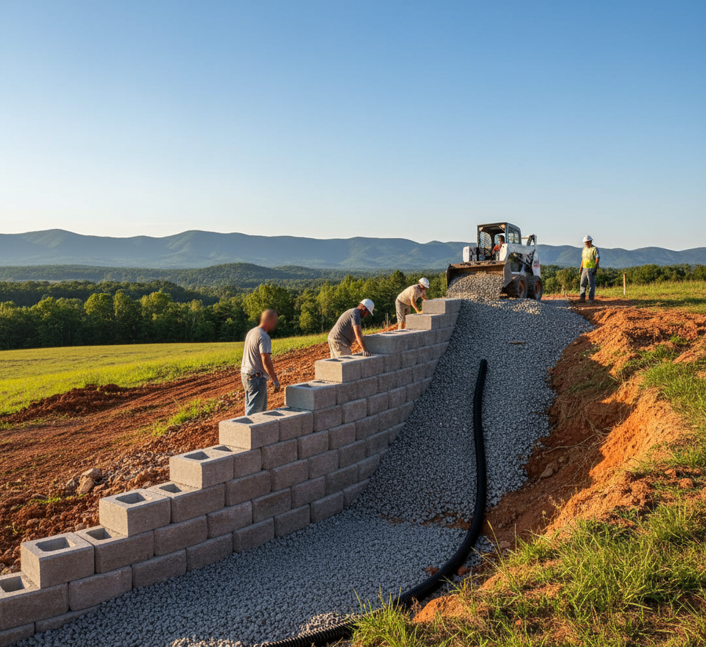 Workers building a retaining wall with concrete blocks on a hillside, with a tractor and scenic landscape.