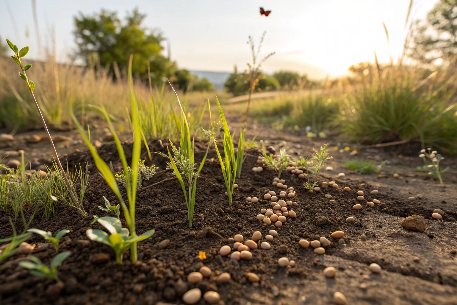Rolling green hills with farmers on tractors, preparing the land under a bright sky.