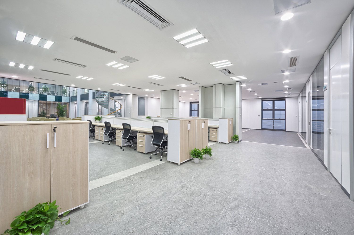 Installed lights and modern cubicles in office