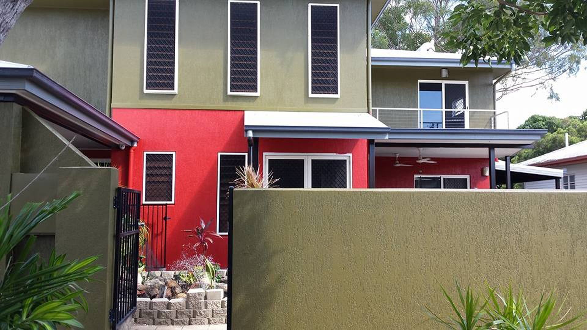 The exterior of a freshly painted house.