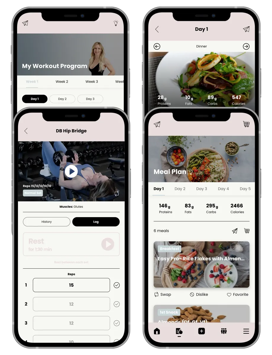 Two iPhone mockups displaying workout app screens, one blank, the other showing meal plans and food images.