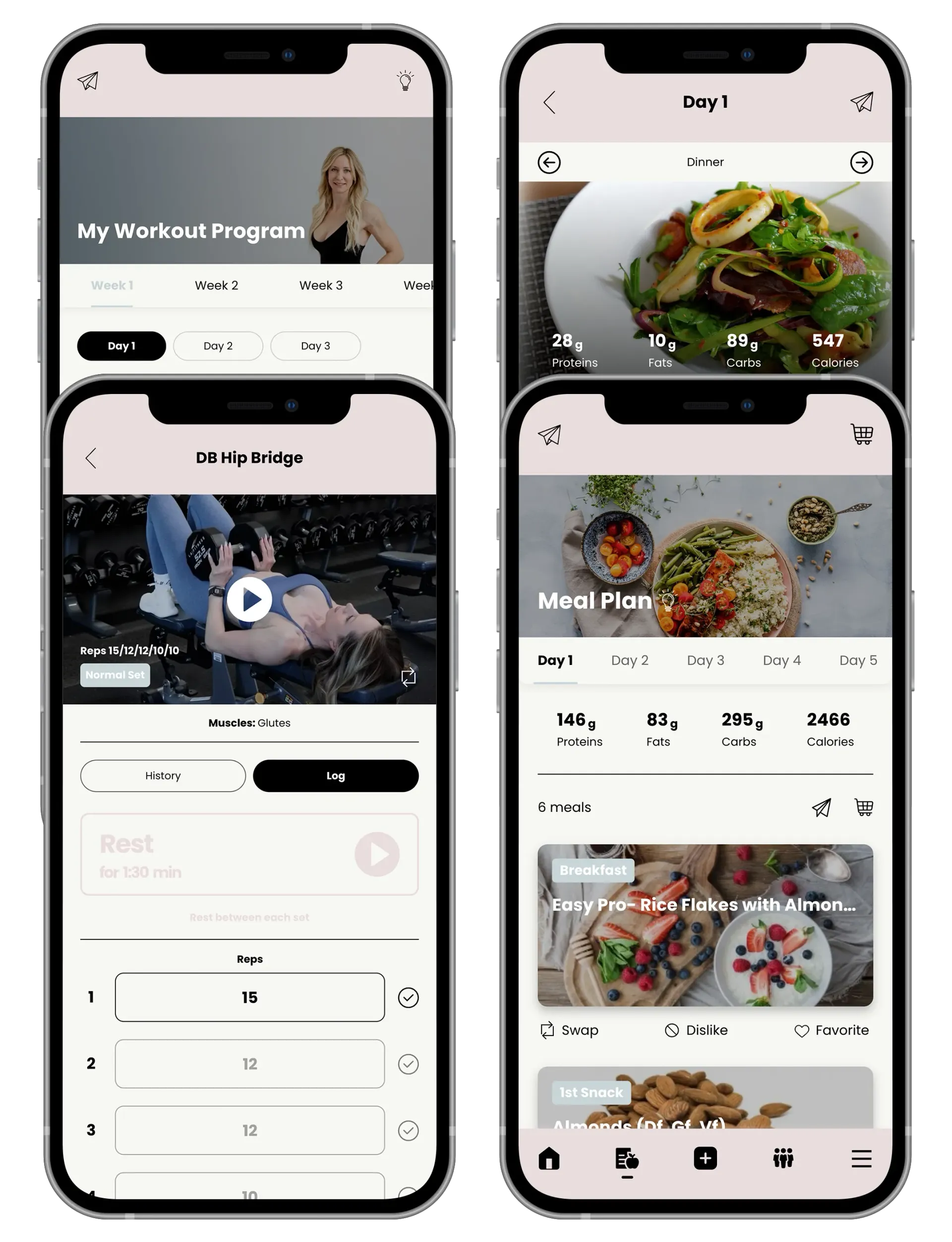 Two iPhone mockups displaying workout app screens, one blank, the other showing meal plans and food images.