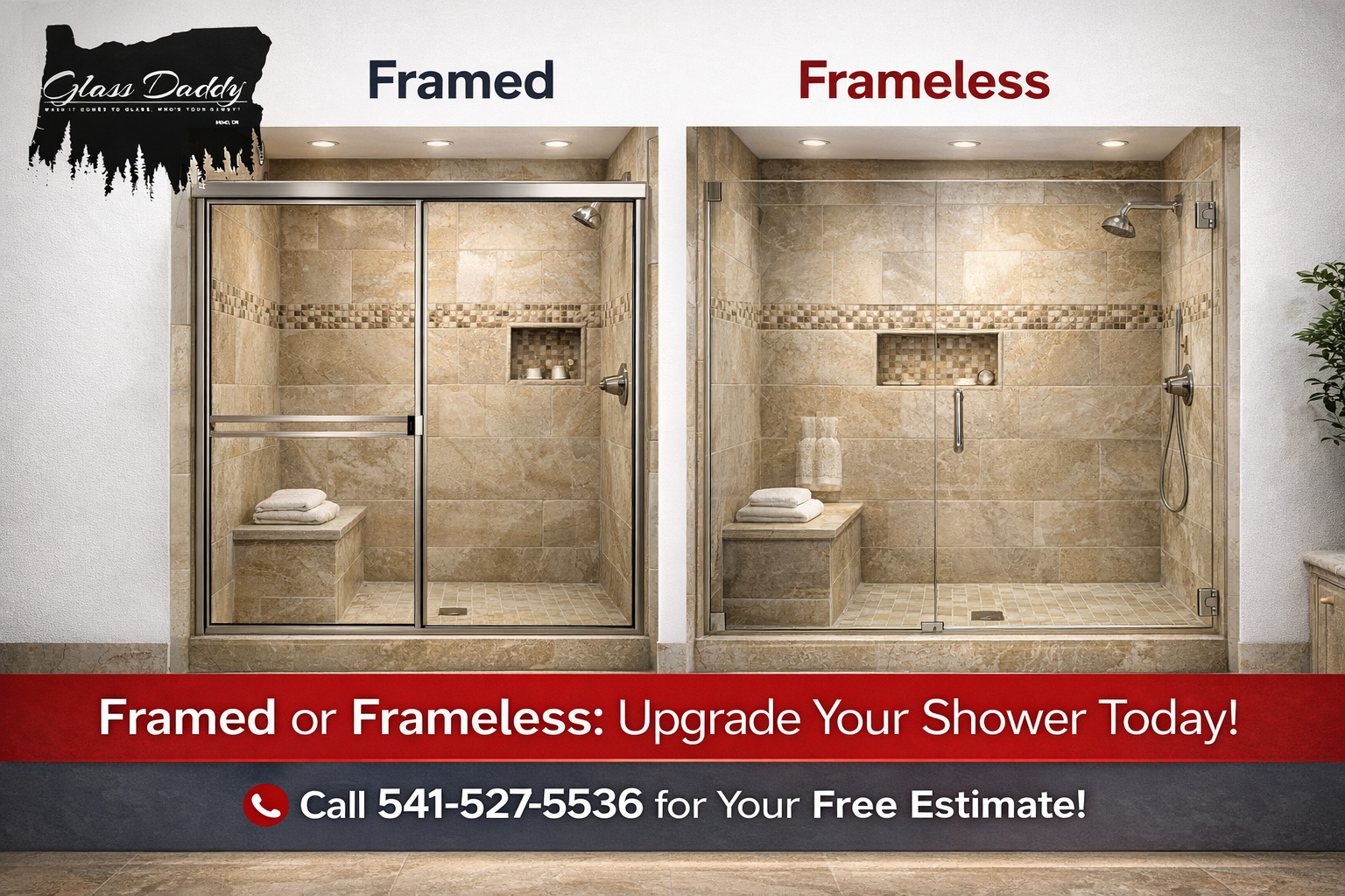 Comparison of a framed and a frameless shower door, with contact information for a free estimate from Glass Daddy.