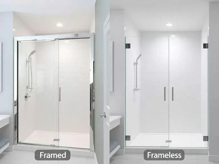 Comparison of a framed and frameless shower enclosure in a bathroom.
