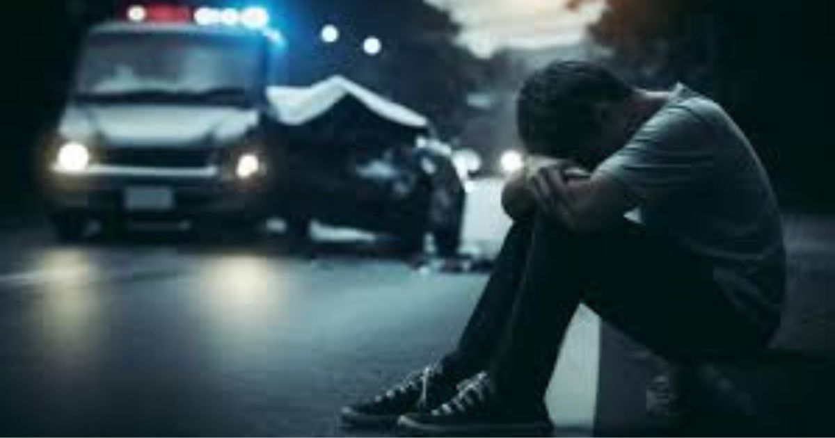 Man sits on curb, head in hands, distraught; car crash and police vehicle in background.