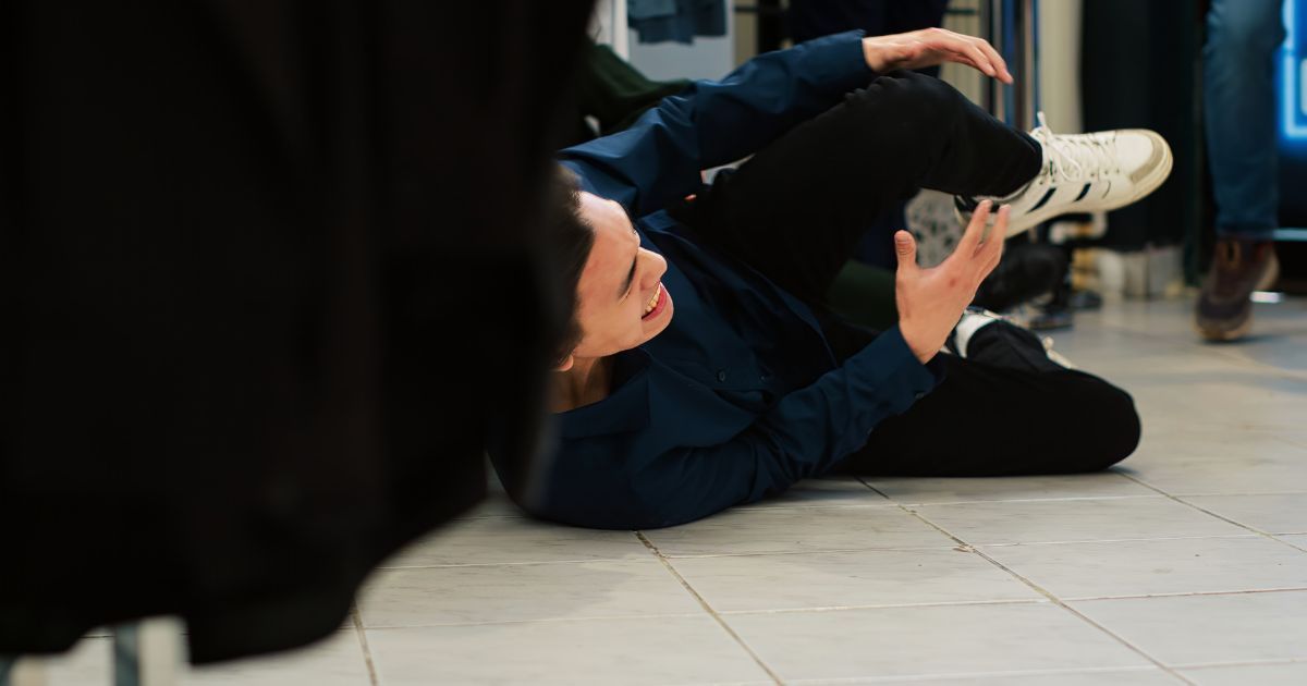 Man lies on the floor, possibly fallen, in a brightly lit store. He wears a blue shirt and black pants.