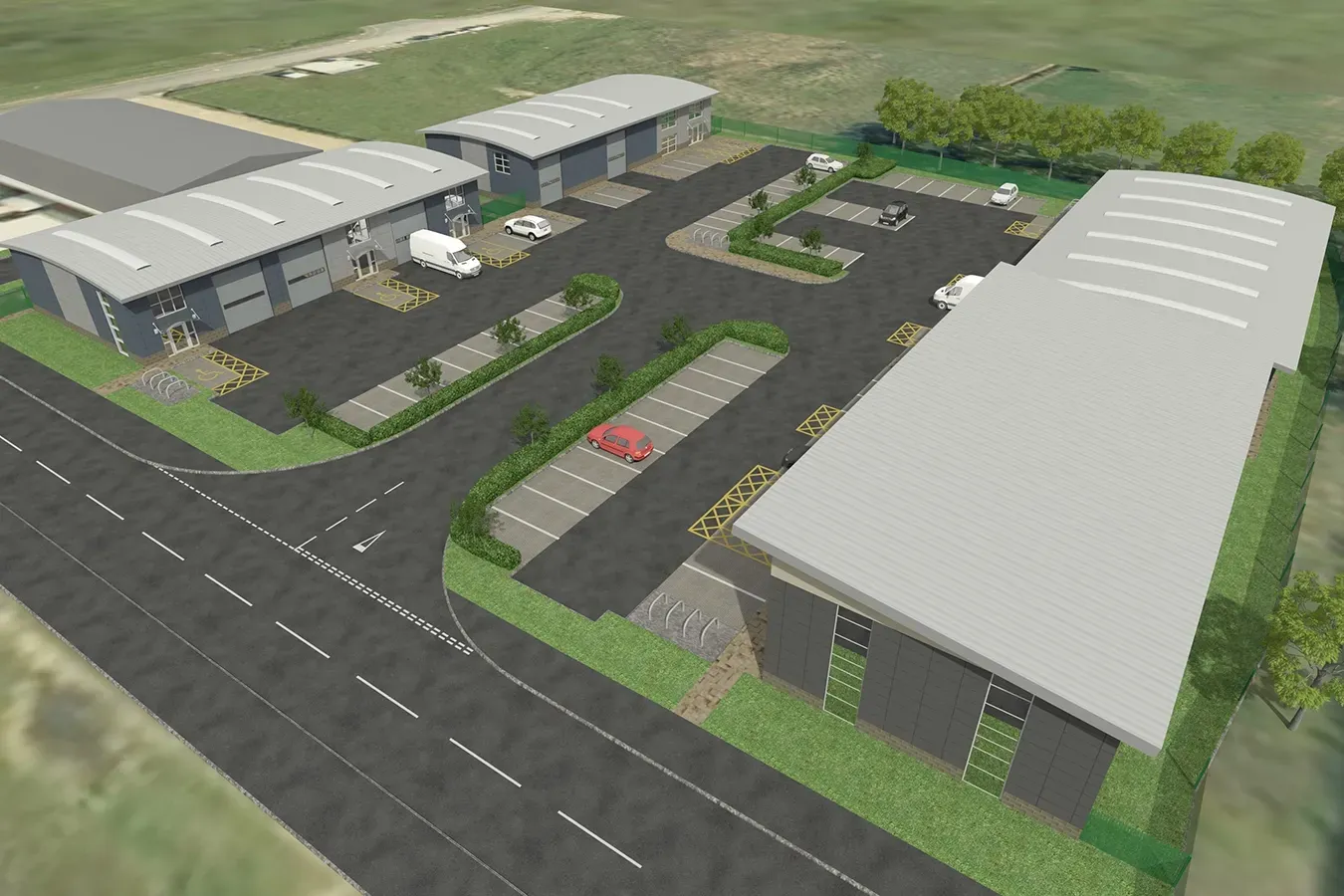 An artist 's impression of a large industrial area with a lot of buildings and parking spaces.