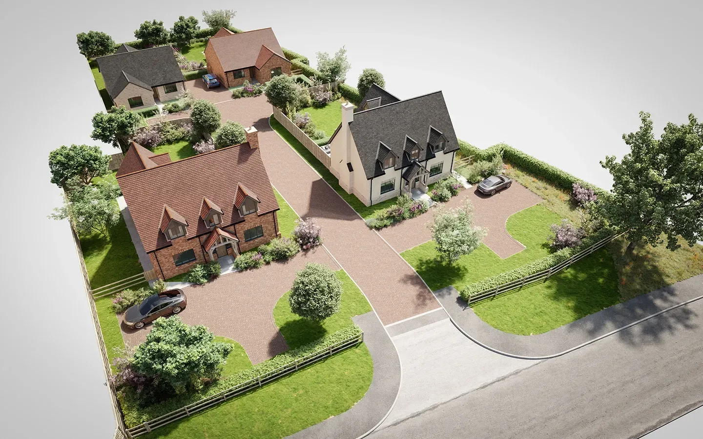 An aerial view of a residential area with houses and trees