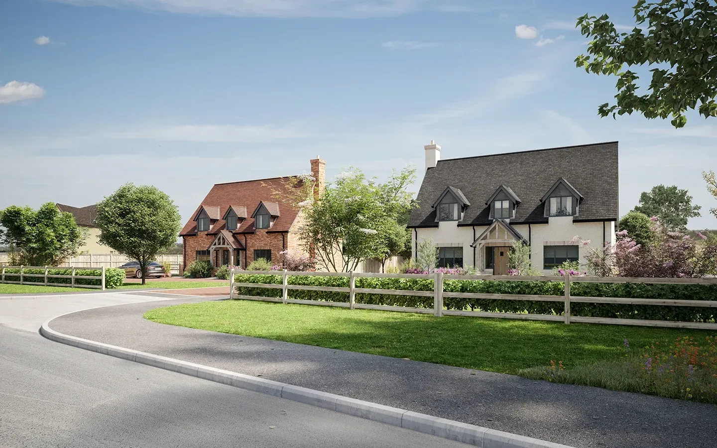 An artist 's impression of a residential area with houses and a fence.