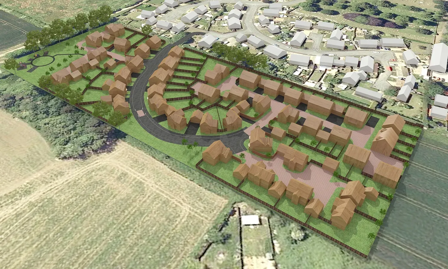 An aerial view of a residential area with lots of houses and trees.