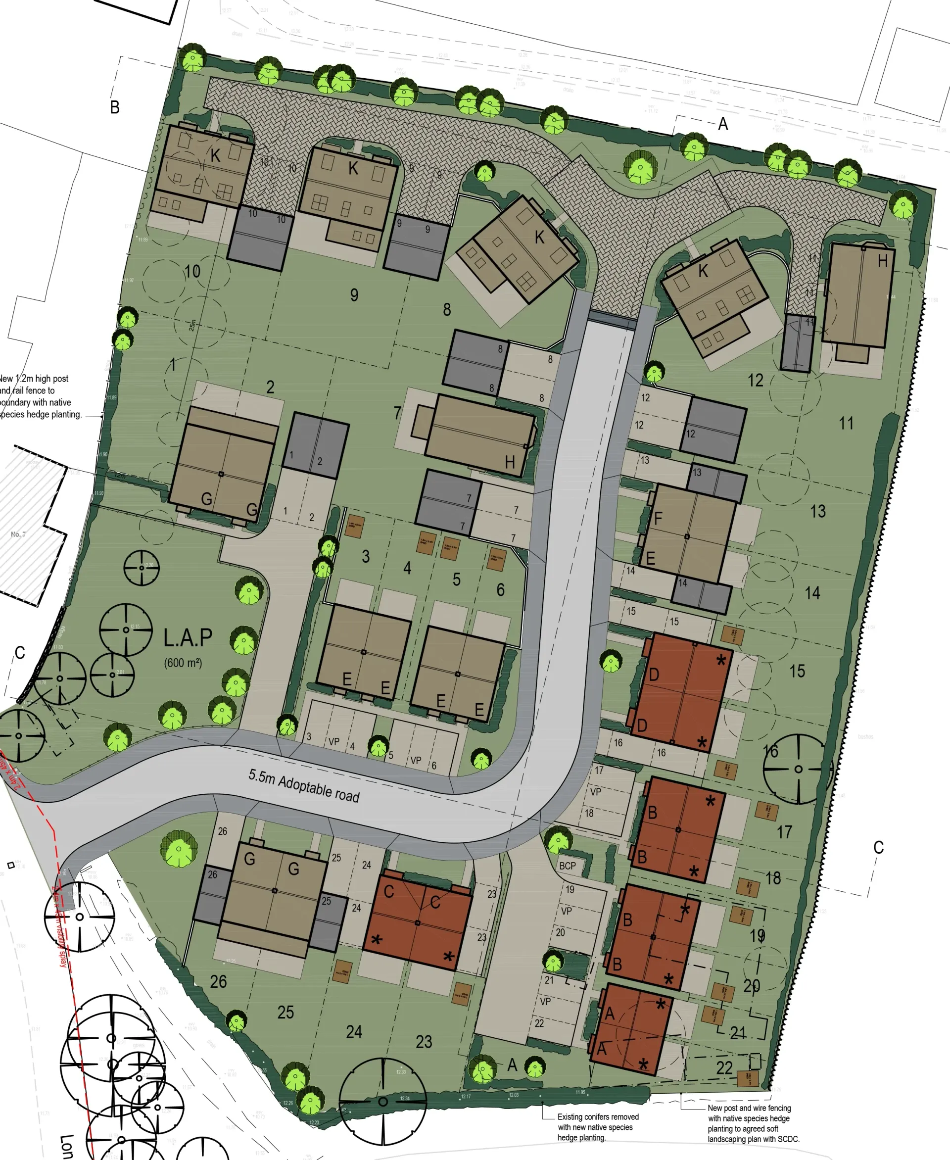 A drawing of a residential area with lots of houses and trees