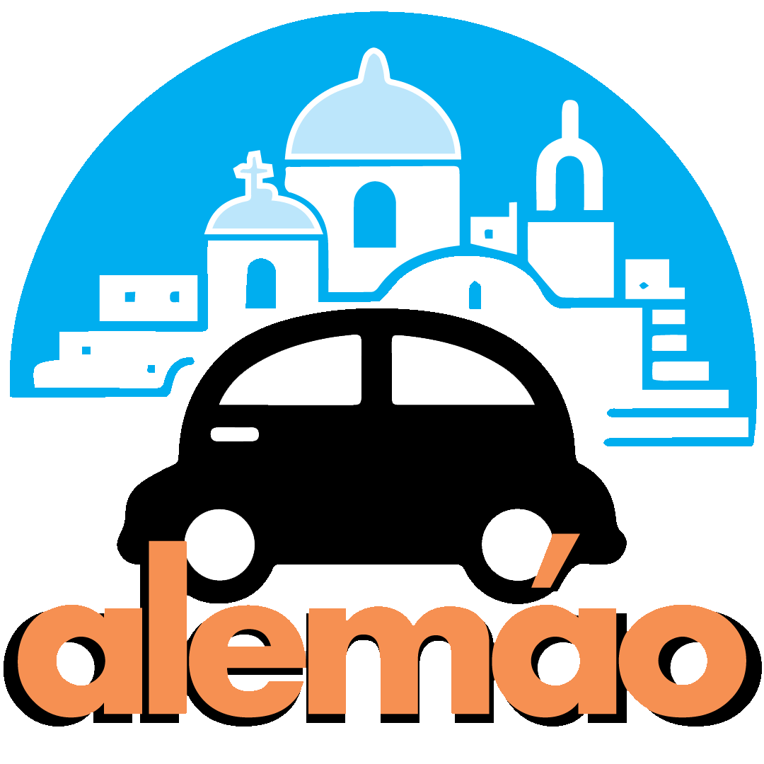 A logo for alemão with a car and buildings in the background