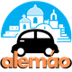 A logo for alemão with a car and buildings in the background