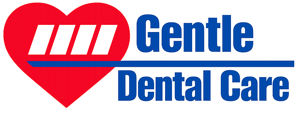 Logo of Gentle Dental Care; red heart with white rectangular shapes, blue horizontal line, blue text.