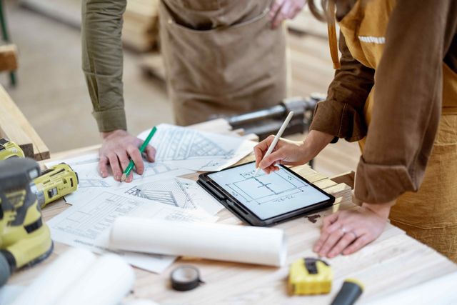 Two people in workshop, reviewing plans on tablet and paper; tools on wooden table.
