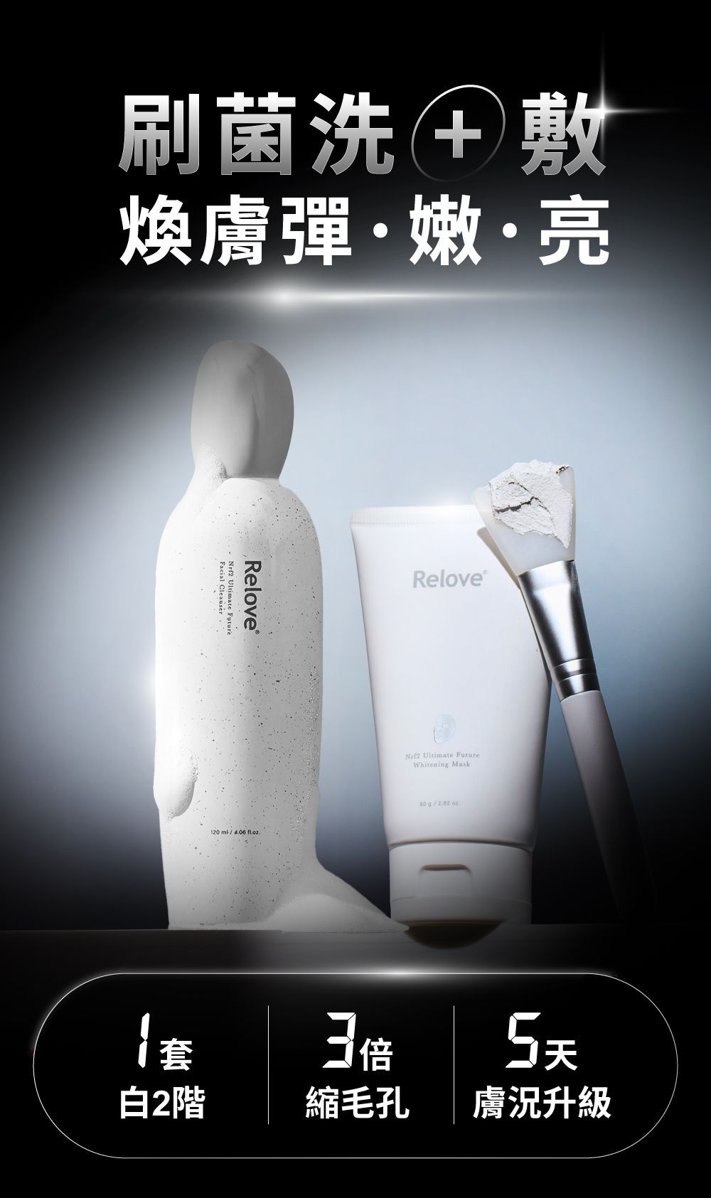 產品廣告：兩款美白護膚產品，廣告詞宣傳其具有美白、收縮毛孔和改善膚質的功效。