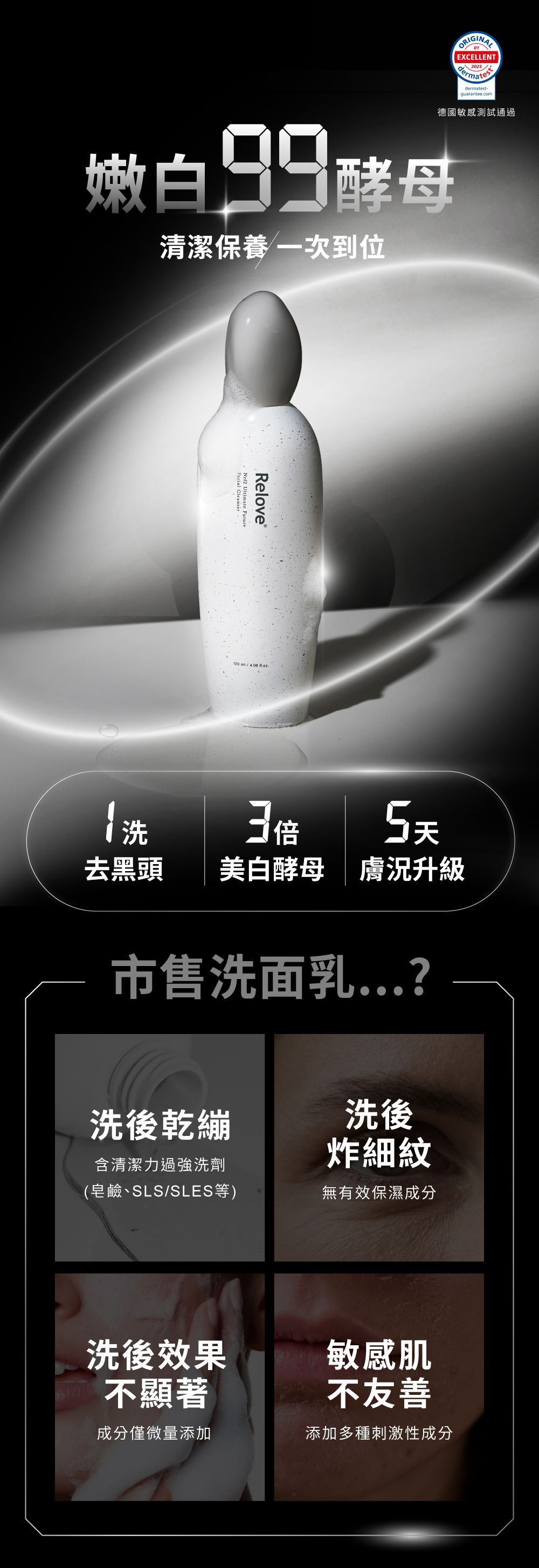 在昏暗的背景下，一則護膚品廣告以白色瓶身和四個功效圖標為特色。