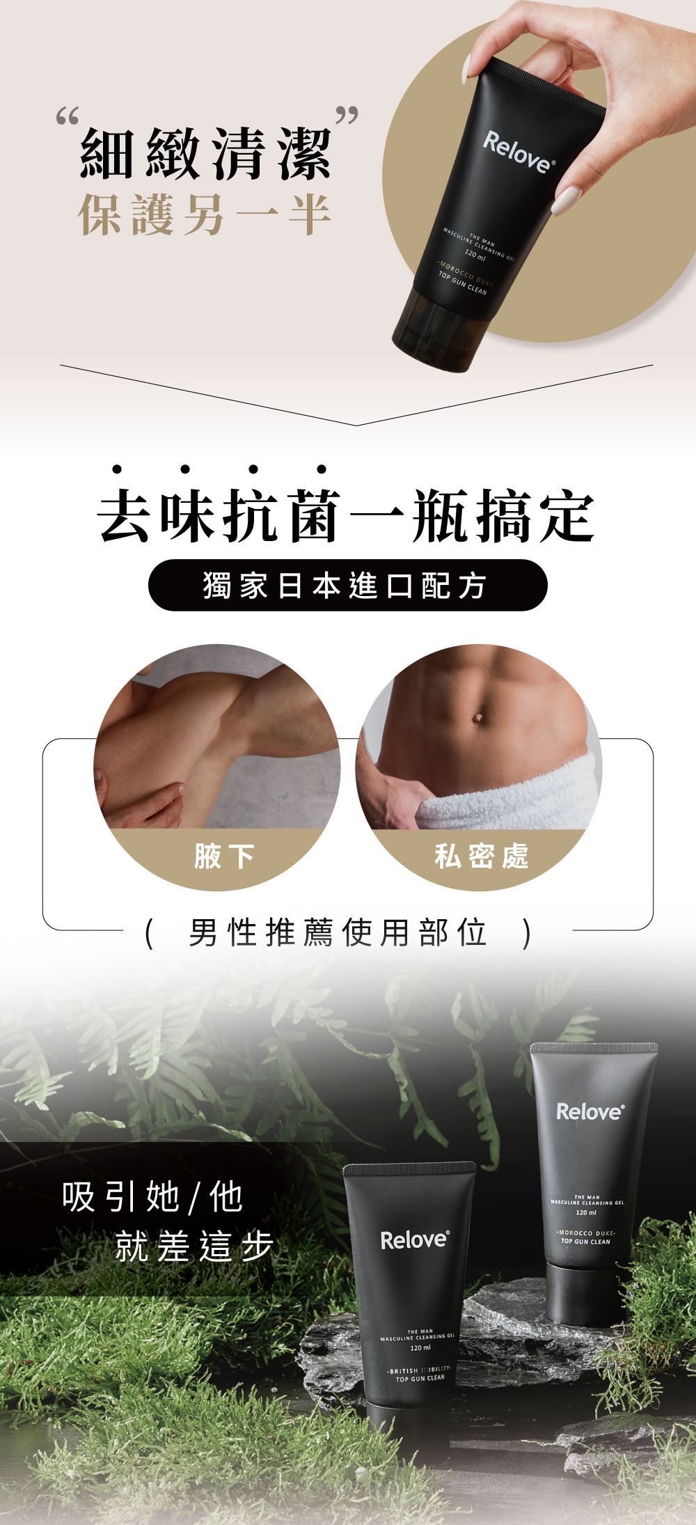 一款黑色管狀保養品的廣告。展示使用前後腋下的對比照片。綠色背景。