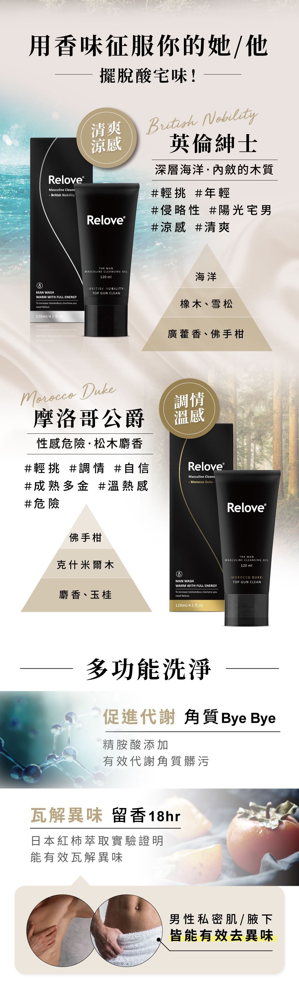 廣告中展示了一款黑色護膚產品，文字和產品圖片以漸層背景呈現。