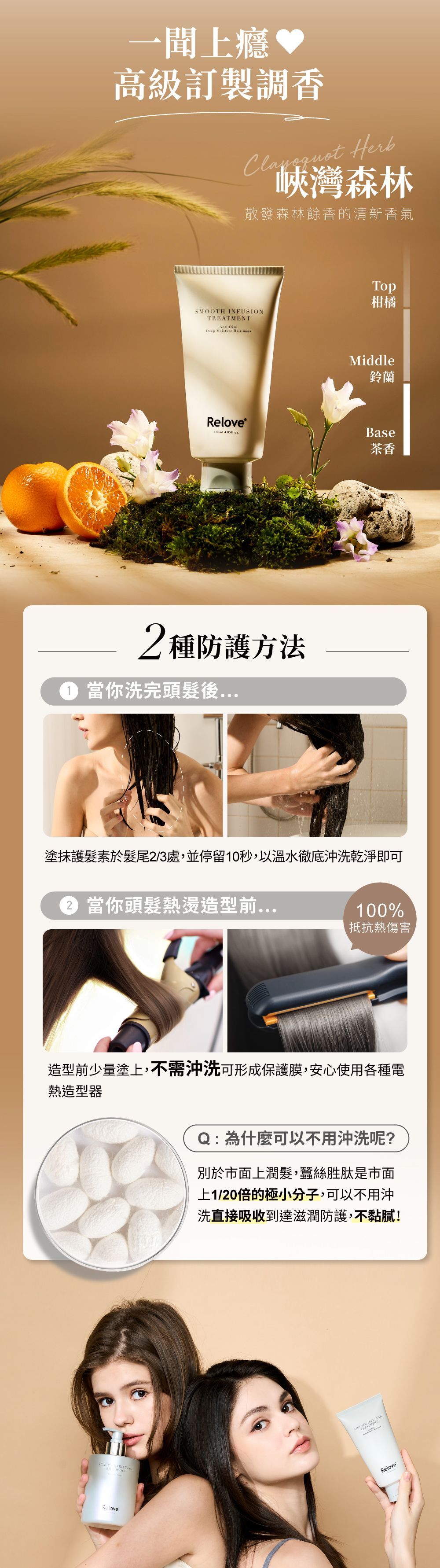 一款護髮產品廣告，畫面中有兩位女性和使用說明。產品裝在管子裡，旁邊還有橘子和植物。