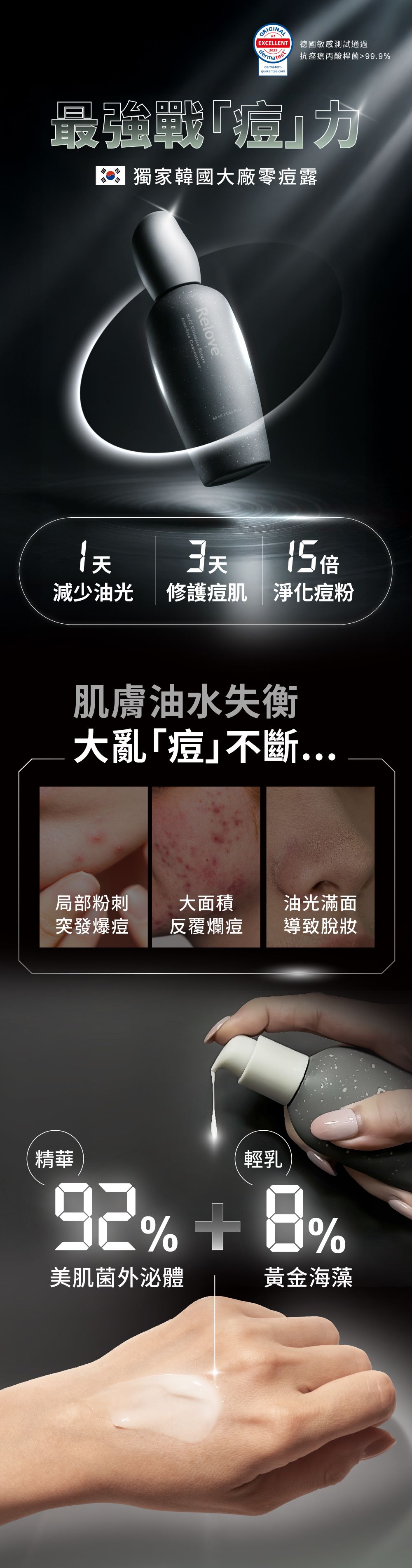 護膚品廣告，展示產品、皮膚圖片以及用手塗抹產品並帶有百分比條。