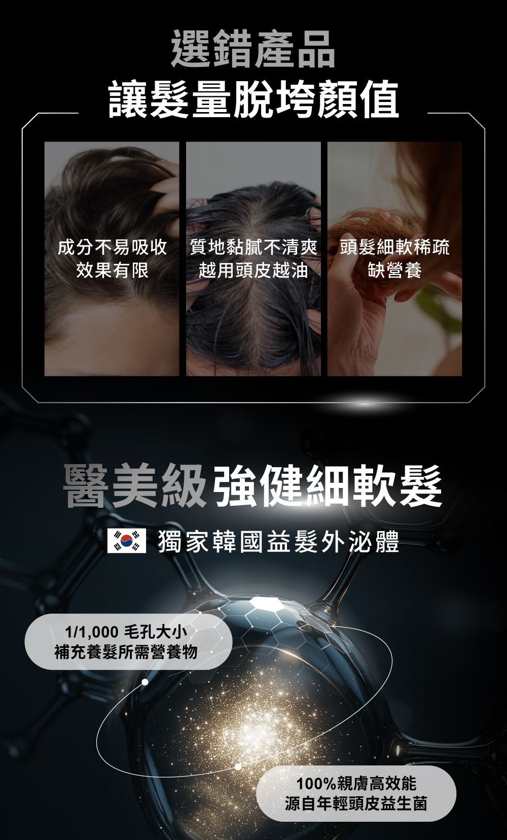 廣告內容涉及脫髮問題、產品描述以及「韓國」字樣。