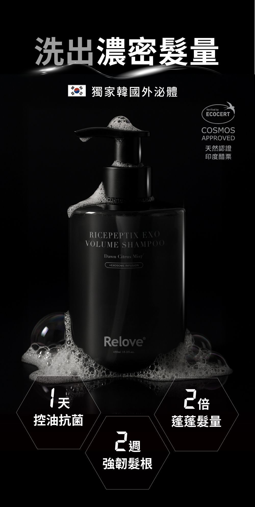 黑色洗髮精瓶，泡沫豐富，瓶身上印有文字，宣傳可增加頭髮密度並清潔頭髮。深色背景。