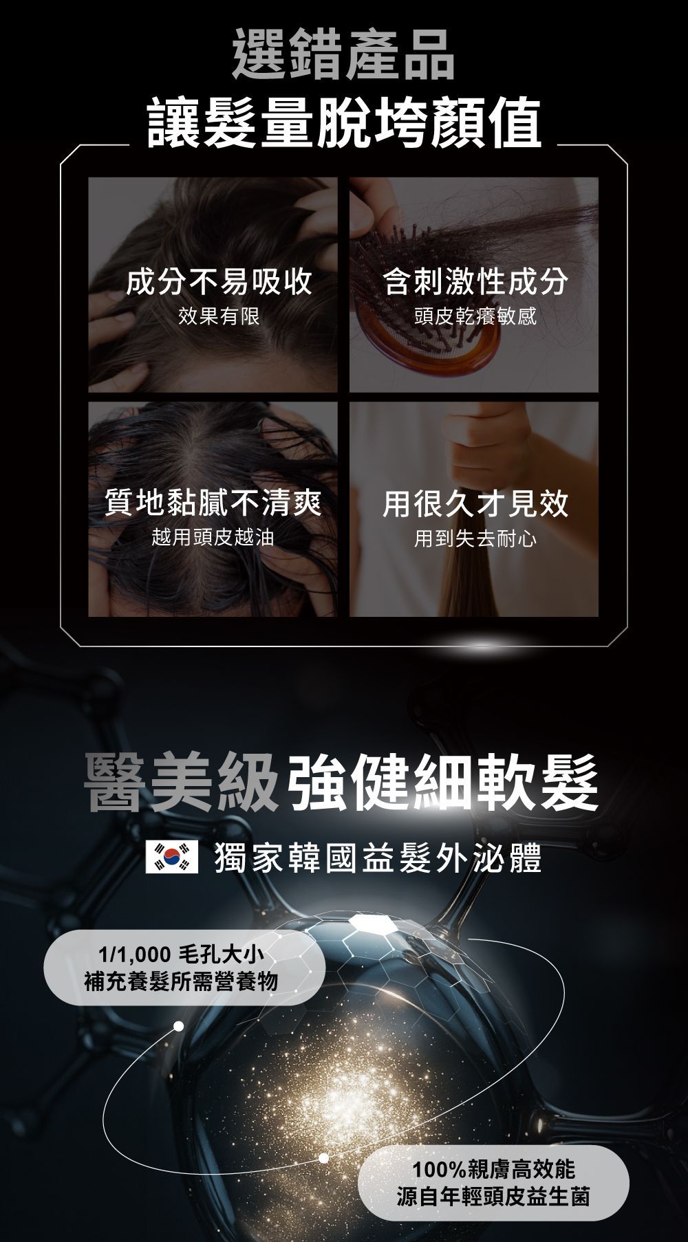 廣告宣傳護髮產品，包含與頭髮健康和產品功效相關的文字和圖片。