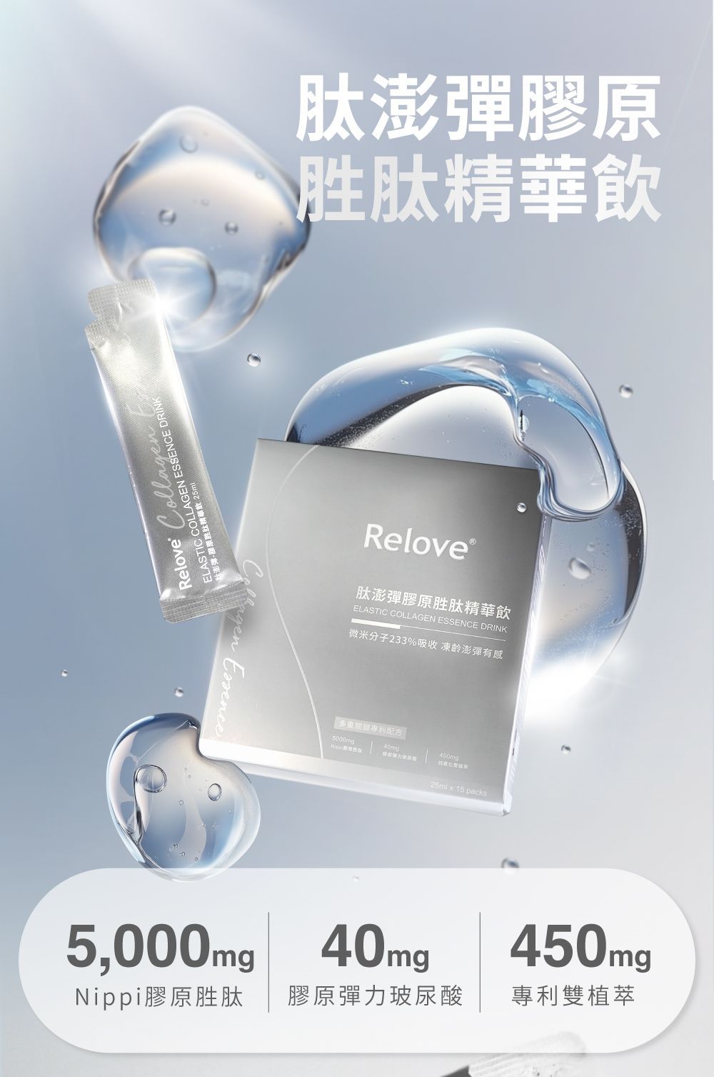 膠原蛋白飲料產品廣告：包裝及單份小袋，水滴狀。文字：5000毫克膠原蛋白，40毫克維生素C，450毫克其他成分。