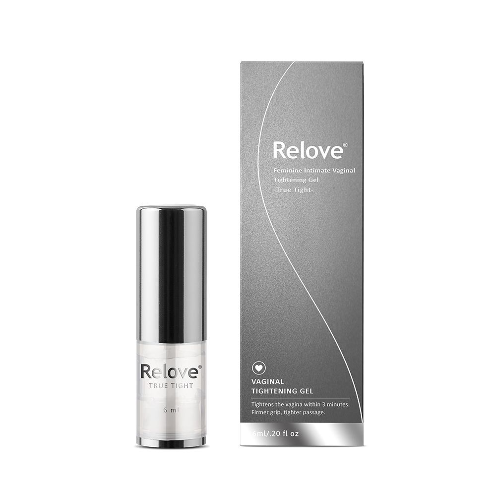 Relove眼部精華液瓶身和包裝，銀色和白色。