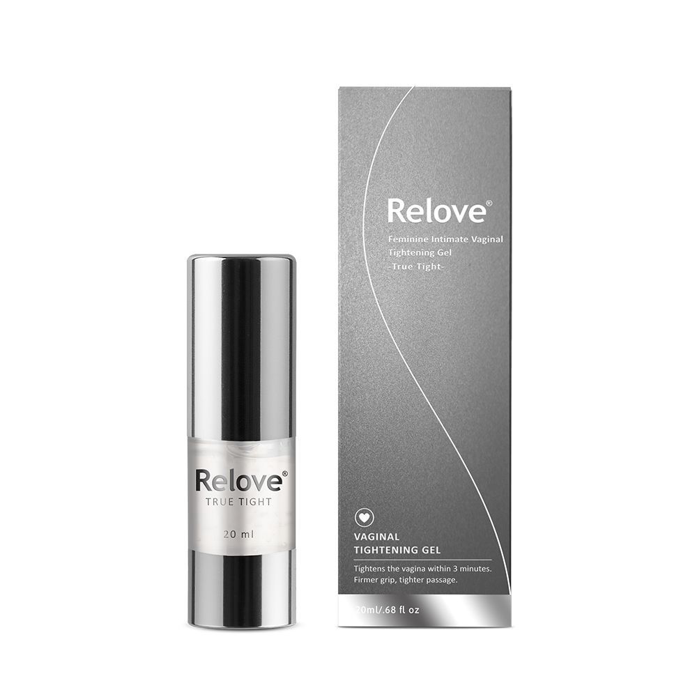 產品瓶身和包裝盒套裝，標籤為“Relove”，用於陰道美白。