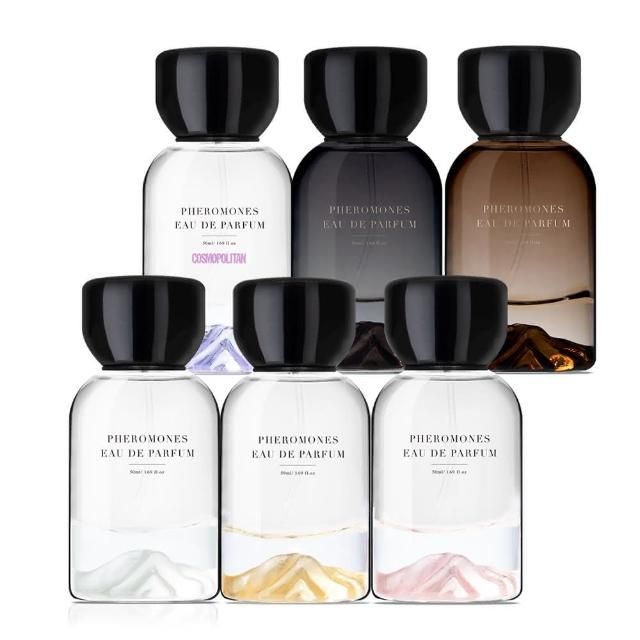 六瓶不同顏色的「Pherohones Eau de Parfum」香水，配有黑色瓶蓋；香水瓶。