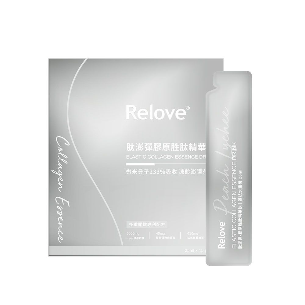 「Relove」膠原蛋白精華液的盒子和單份包裝，銀色，白色文字。