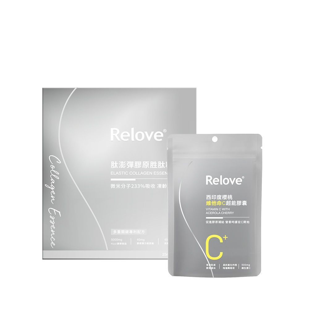 「Relove」膠原蛋白精華補充劑的盒子和袋子，灰色包裝，帶有字母「C+」。