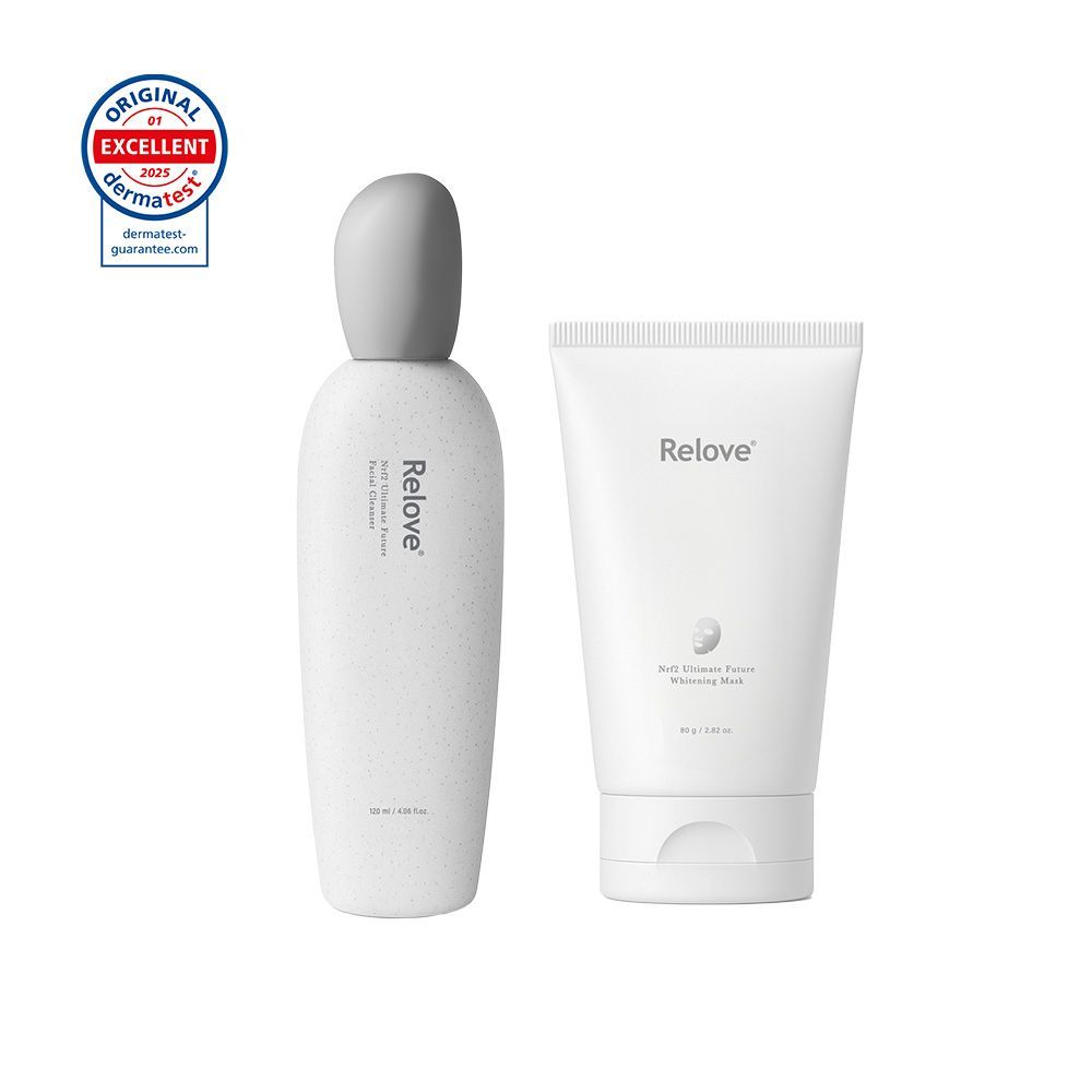 兩款白色保養品，一瓶一管，品牌名稱為「Relove」。